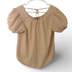 Falls Creek Peach Pink Swiss Dot Puff Sleeve Tie Front Women’s Blouse Top L